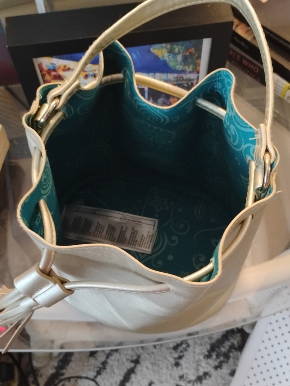 Metallic Gold Drawstring Bucket Handbag - Picture 3 of 4
